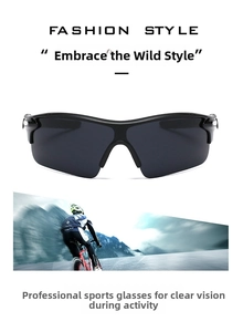 Close-up of streamlined black sports cycling sunglasses with anti-UV grey lenses