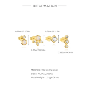 Detailed view of four gold S925 silver stud earrings with zirconia and opal inlays