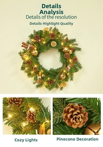 Detail of 40cm Christmas wreath with LED lights, pine cones, and gold bells