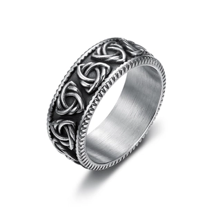 Vintage Celtic knot embossed stainless steel ring for men in silver finish and matte inner band