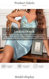 Detail of light blue floral faux silk nightgown with delicate spaghetti straps and cowl neck
