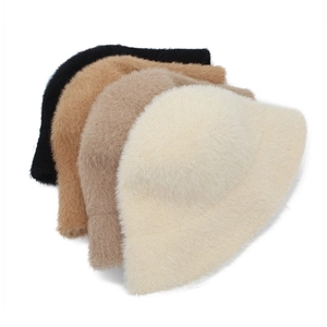 Plush faux mink fur bucket hats for women in black, camel, khaki, and cream white