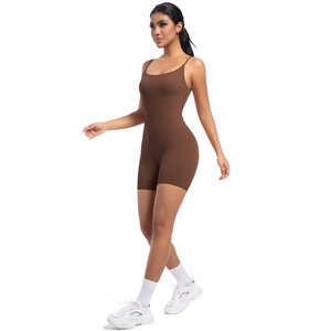 Side view of chocolate brown biker short romper with thin straps for athletic workout