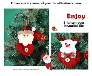 Detail of Christmas Santa and reindeer ornaments with plaid hat and knit heart details