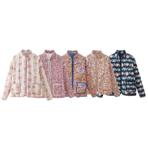 Women's autumn floral quilted cotton jacket with side pockets and stand collar in five patterns
