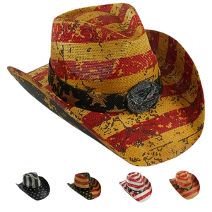 Vintage American flag style western straw cowboy hats set with eagle buckle and wide brim