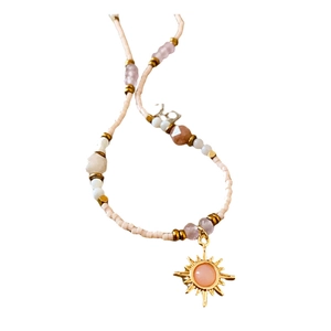 18K gold plated sunflower necklace with pink crystal beads and central gemstone