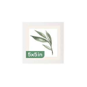 Close-up of 5x5 inch white minimalist square wooden photo frame with green leaf art print