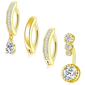 Set of 4 gold stainless steel belly rings with sparkling cubic zirconia teardrop dangles