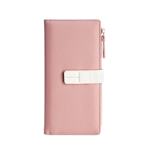 Stylish long pink PU leather wallet for women with zipper and pebbled texture finish