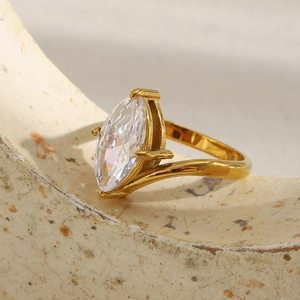 Detail of 18K gold-plated marquise-cut zircon ring with four-prong setting detail
