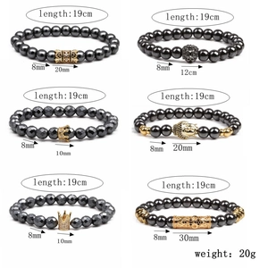 Natural hematite stone beaded bracelets with vintage gold accents and black stones