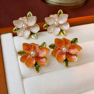 Enamel Flower Stud Earrings With Faux Artificial Pearl And 925 Sterling Silver Earring Post Sweet Vintage Jewelry For Women