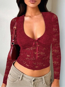 Sexy Sheer Floral Lace Tops For Women Deep V Neck Bow Tie Long Sleeve Slim Fit Cropped Tee Streetwear