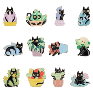 Set of 12 creative black cat and potted plant enamel pins made of durable alloy