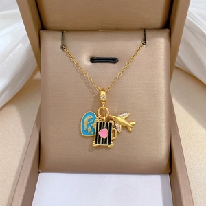 Travel Airplane Suitcase Earth Heart Pendant Necklace Stainless Steel Chain Enamel Zircon Inlaid Clavicle Chain Women