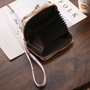 Purple floral PU leather RFID card holder with accordion slots and gold metal buckle