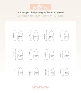 Size reference chart for almond press-on nails featuring 12 different length and width specs