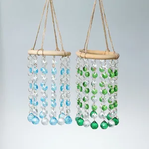 Blue and green crystal wind chimes with wooden rings for home and garden decoration