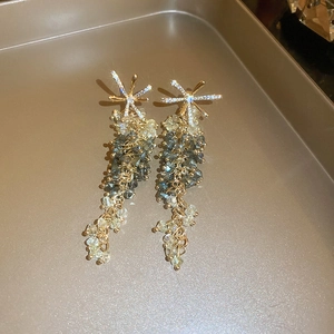 Dettaglio di orecchini a stella con eleganti nappe di perline sfumate e brillanti