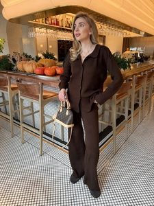 Women's Knit Two-Piece Set V-Neck Button Cardigan Top And Straight High Waist Casual Pants Solid Color Cotton Blend Lounge Set