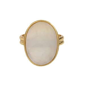Retro gold plated ring featuring an oval mother of pearl stone and a double-row open band