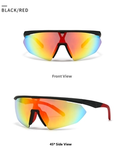 Front and side view of black and red sports cycling sunglasses with gradient color lenses
