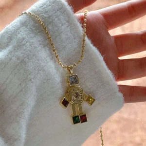 Golden robot pendant necklace with colorful zircons on twisted chain for women