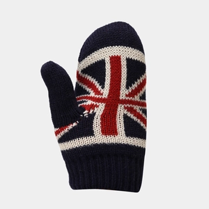 Close-up of navy blue knitted mittens with Union Jack pattern and ribbed cuffs