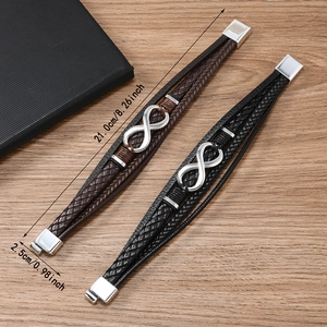 Macro detail of men's layered leather infinity bracelets showing exact dimensions