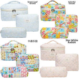 Quilted floral makeup bag set with zip closure in four patterns including blue and pink motifs