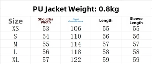 Detailed size chart for women's faux leather jacket showing XS to XL measurements in cm