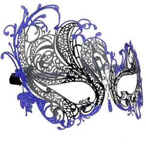 Close-up of laser-cut party mask with purple glitter and sparkling crystal rhinestones