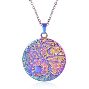 Rainbow tree of life necklace with sun and moon pendant in 18K gold stainless steel
