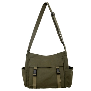 Sac bandoulière rétro en toile vert armée avec doubles boucles et grande capacité