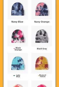 Vue détaillée de six bonnets en maille tie-dye avec textures côtelées verticales