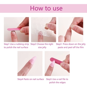 Step-by-step tutorial for applying dark floral press-on nails with jelly glue and file