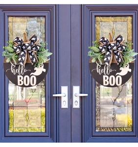 Symmetric Halloween wooden front door signs featuring hello BOO text and ghost patterns
