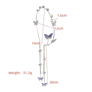 Detailed size chart of butterfly tassel hairband with dimensions and weight in silver