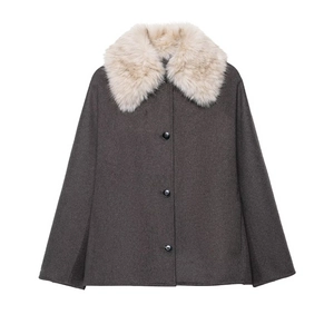 Women's short wool-like jacket in charcoal grey with a fluffy beige faux fur collar