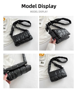 Detailed views of a black quilted puffer shoulder bag with a glossy finish and wide strap