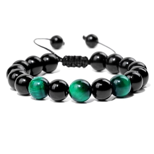 Macro view of 10mm tiger eye and polished black beads on adjustable braided bracelet