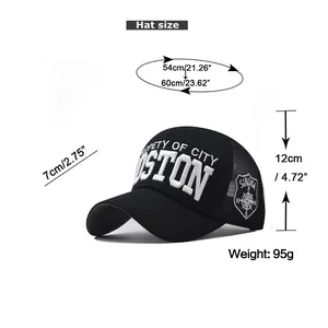 Detailed size chart for washed cotton baseball cap with Boston embroidery and mesh