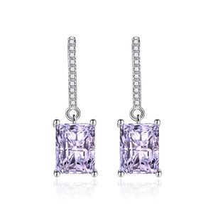 Elegant silver earrings with rectangular purple zircon and shimmering micro-pave crystals