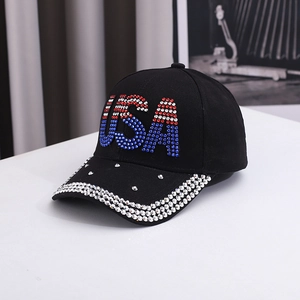 Black cotton baseball cap featuring USA rhinestone lettering and sparkling brim accents