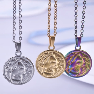 Rainbow, gold, and silver lion head relief pendant necklaces with stainless steel O-chains