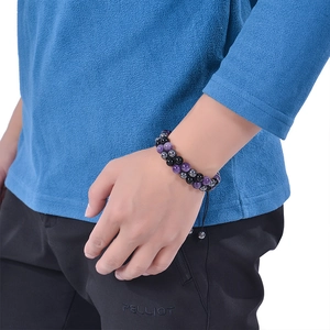 Zweilagiges natürliches Amethyst und schwarzes Magnetperlen Armband mit verstellbarer Schnur