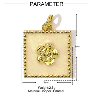 Detail view of flower pendant dimensions 14mm by 19mm in gold copper and enamel finish