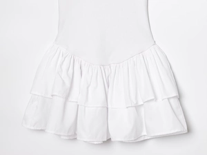 Close-up of white mini dress featuring tiered ruffle layers and elegant fabric texture