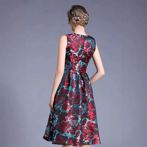 Elegant sleeveless floral jacquard dress featuring a slimming waist and a-line back view